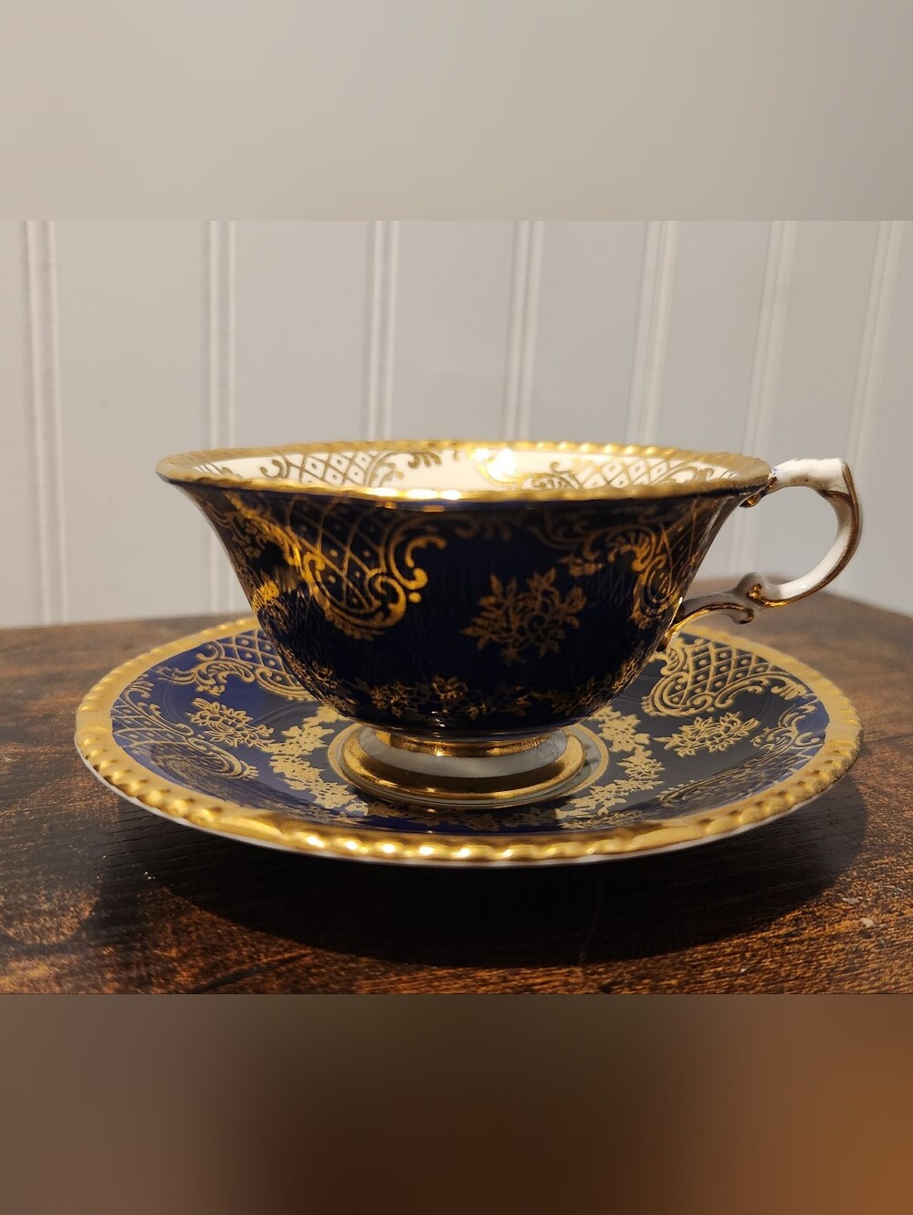 Paragon Vintage Cobalt Blue Gold Filigree Teacup Saucer Set 1930s Bone China
